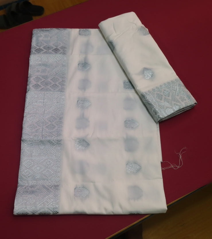 Mekhela Chador Zari Silver Embroidery Assam Traditional Attair