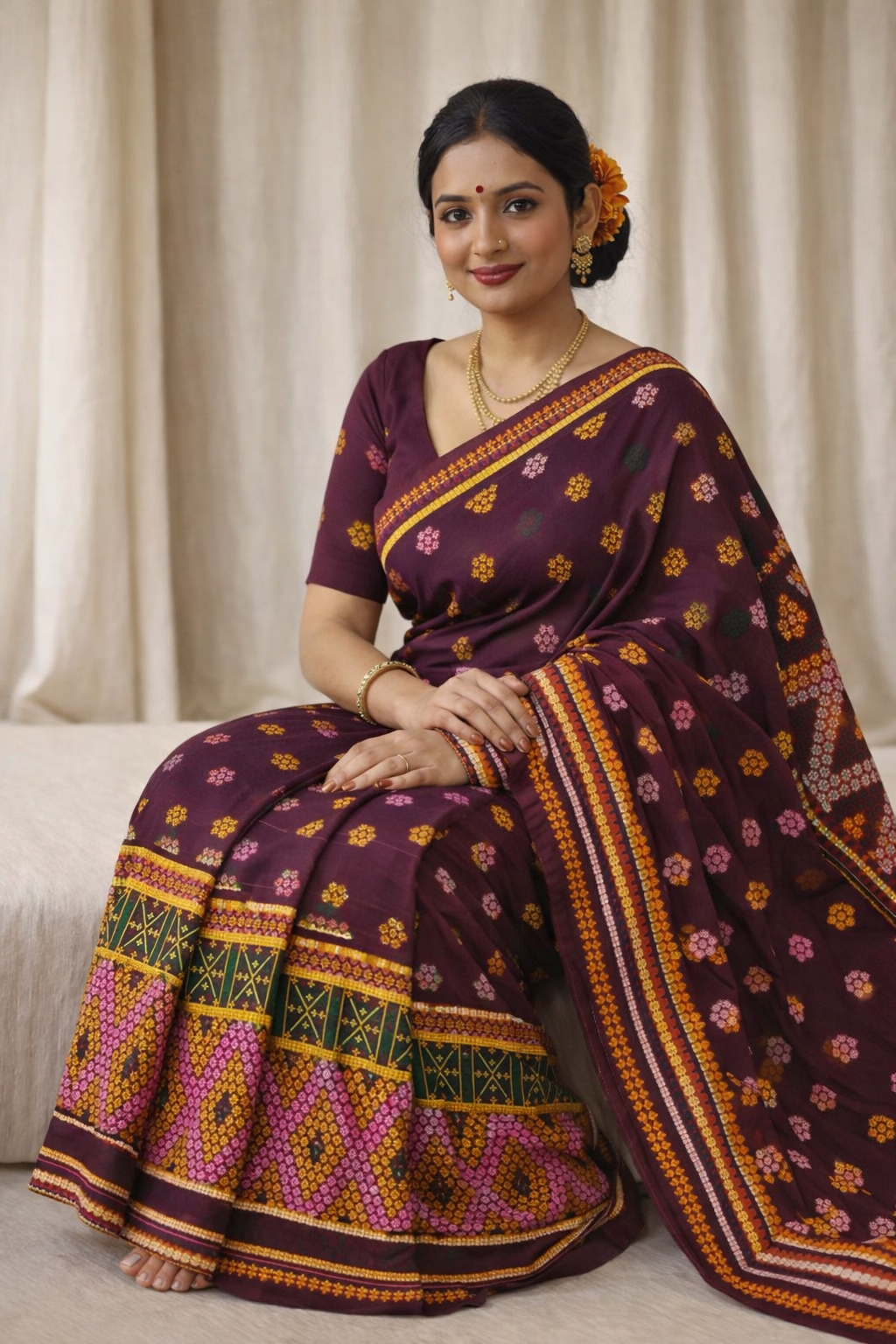 Missing Mekhela Chador Set,Fixed Pari | Elegant Handwoven Design | Dark Violet
