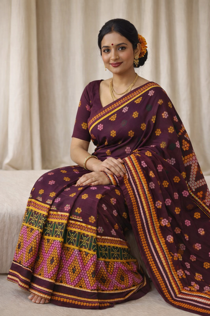 Missing Mekhela Chador Set,Fixed Pari | Elegant Handwoven Design | Dark Violet