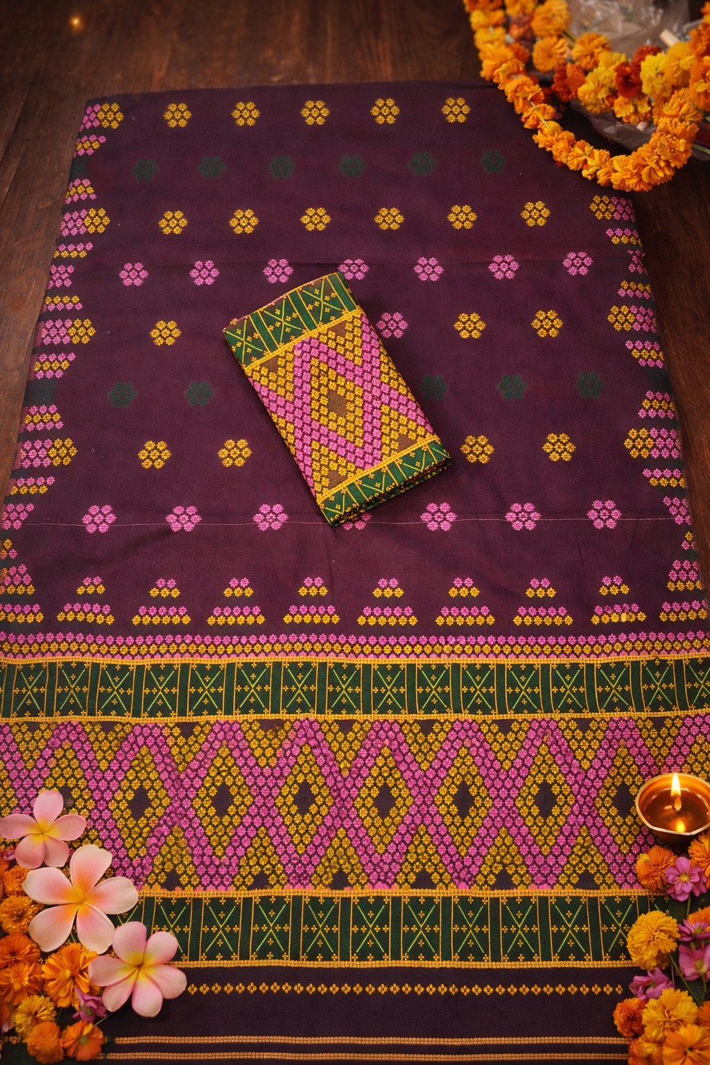 Missing Mekhela Chador Set,Fixed Pari | Elegant Handwoven Design | Dark Violet