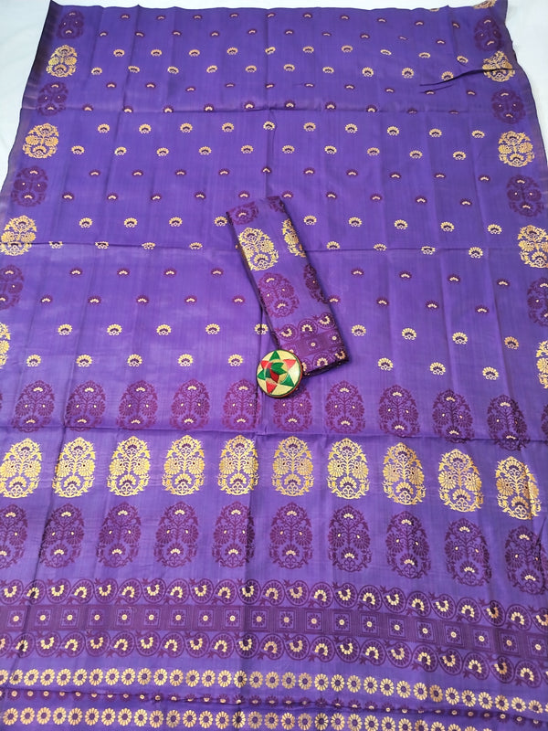 Assamese Premium Quality Traditional Mekhela Chador with Fixed Border & Unique Embroidery Design in D-Purple Color