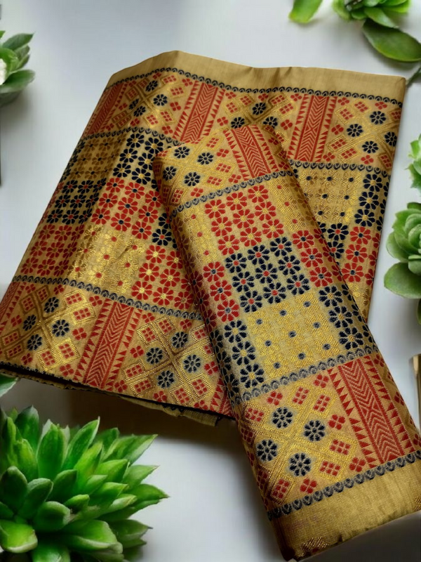 Assamese Traditional Muga PolyToss Mekhela Chador