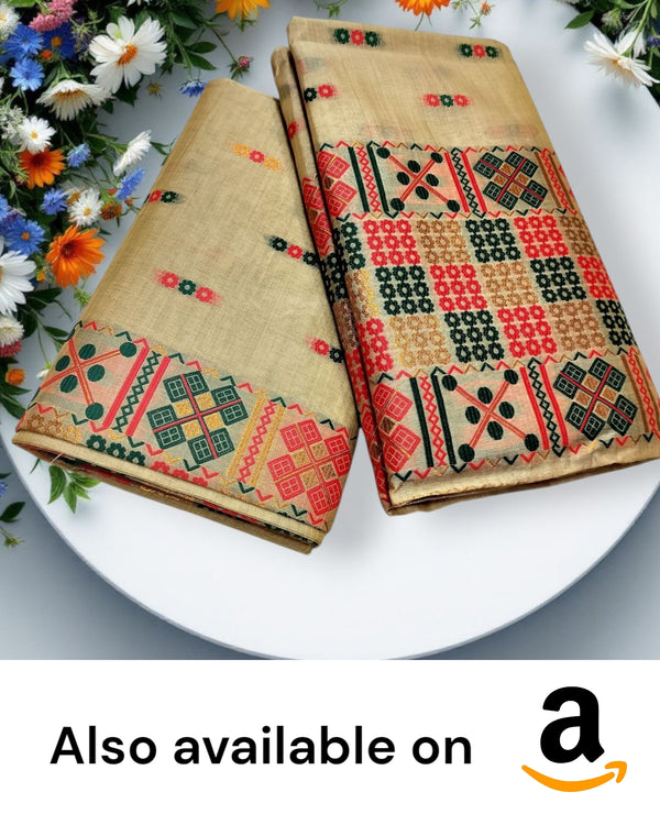 Premium Toss Muga Mekhela Chador Set, Full Body Embroidery, Pack Of 1