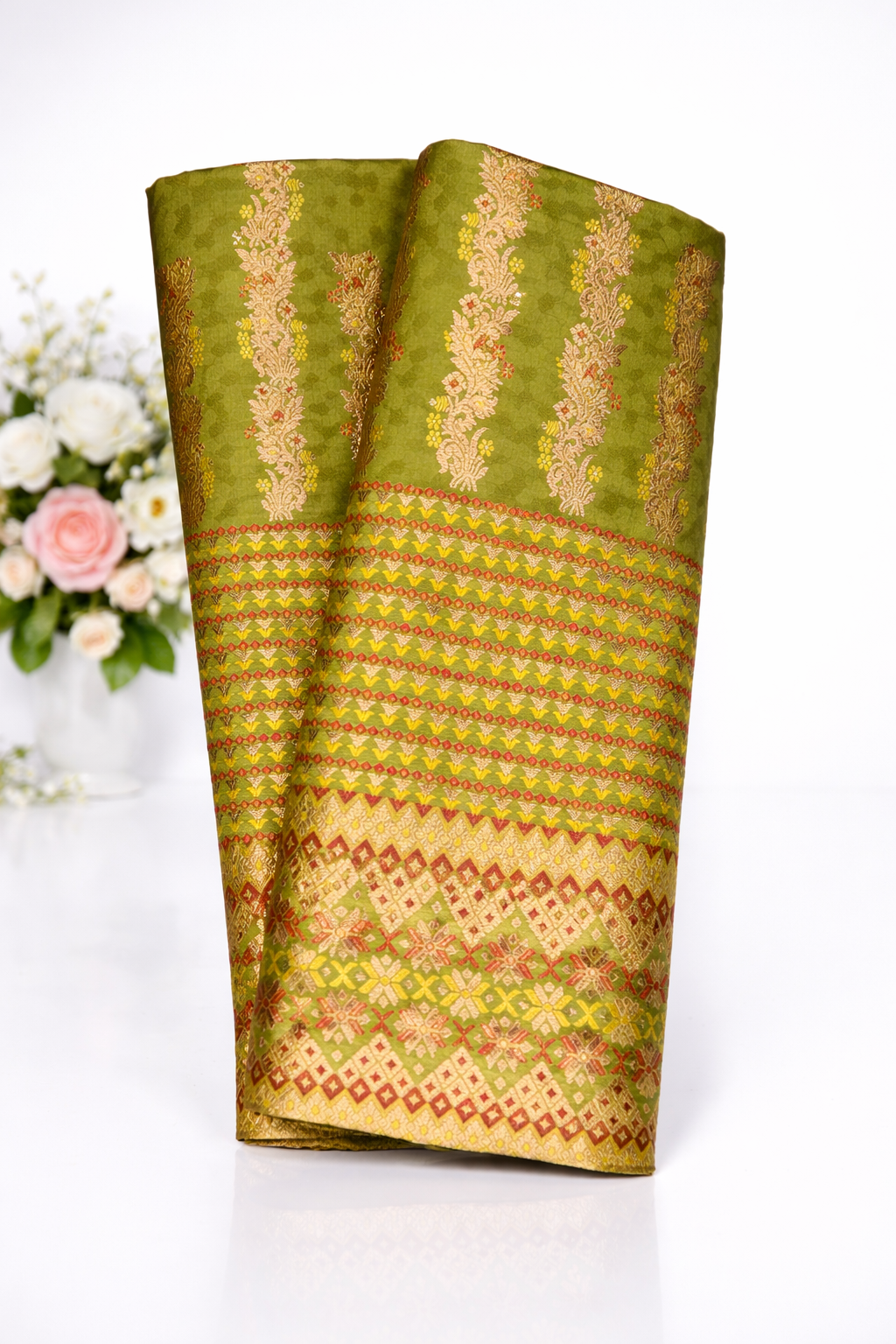 MixPat Fancy Mekhela Chador set Fixed Pari With Blouse Piece light green