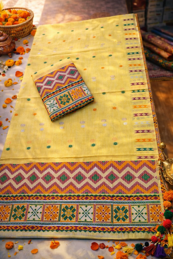 Missing Mekhela Chador Set, Masline Cotton Fabric, Fixed Pari | Elegant Handwoven Design | Lemon Yellow