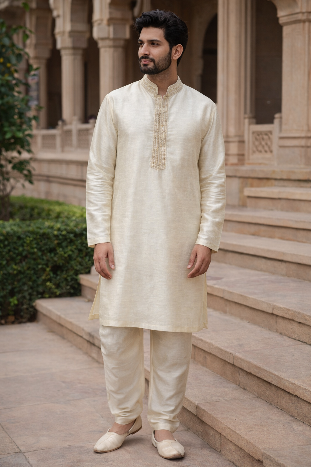 Elegant Ivory Kurta Pyjama Set with Subtle Embroidery