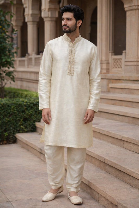Elegant Ivory Kurta Pyjama Set with Subtle Embroidery