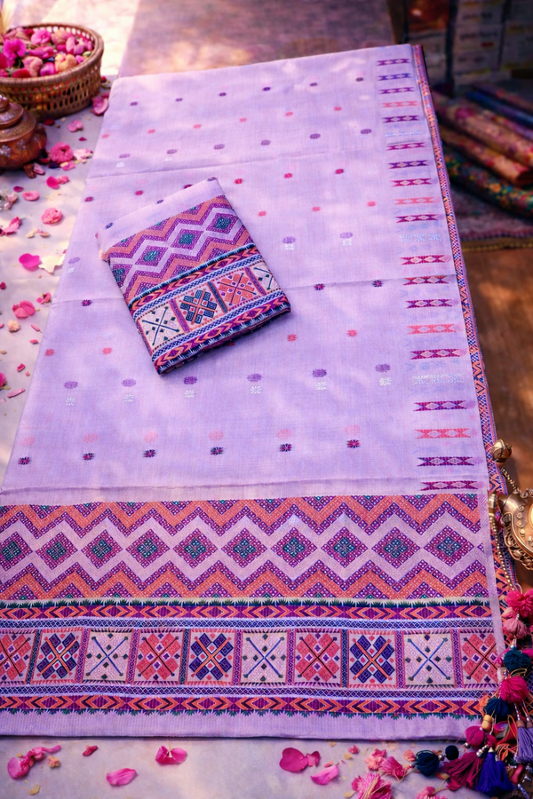 Missing Mekhela Chador Set, Masline Cotton Fabric, Fixed Pari | Elegant Handwoven Design | Light Purple