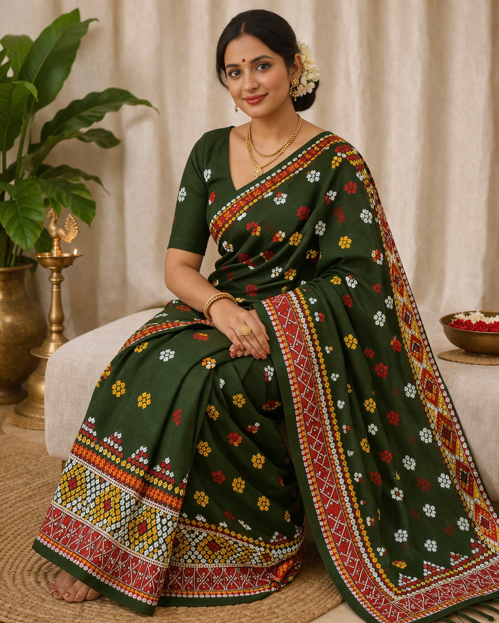 Missing Mekhela Chador Set,Fixed Pari | Elegant Handwoven Design | Mehandi Green