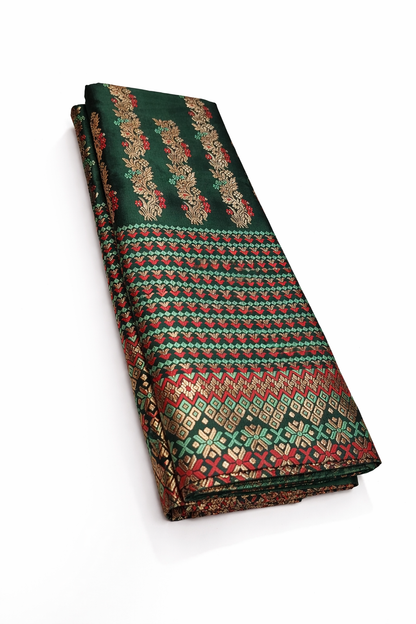 MixPat Fancy Mekhela Chador set Fixed Pari With Blouse Piece Dark Green