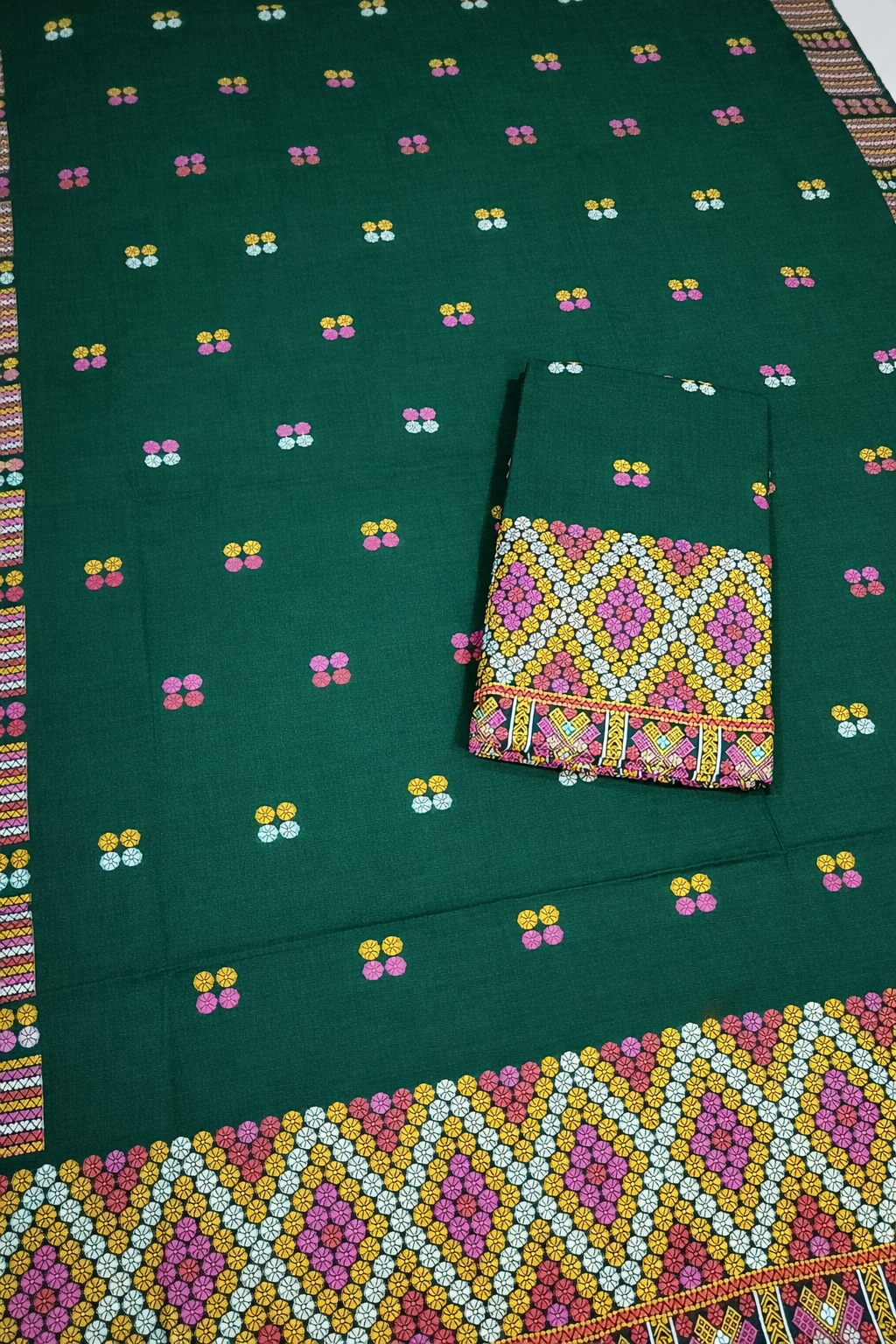 Mekhela Chador Set | Kaccha Cotton | Missing Design | Dark Green