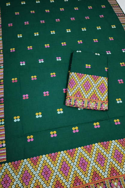 Mekhela Chador Set | Kaccha Cotton | Missing Design | Dark Green