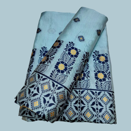Women's Designer Cotton Mekhela Chador Embroidery With Fixed Pari  in Grey