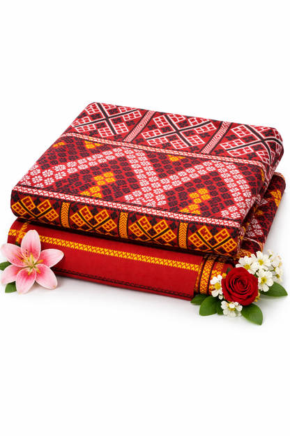 Wash Cotton | Mekhela Chador Set | Missing Design | Pure Red