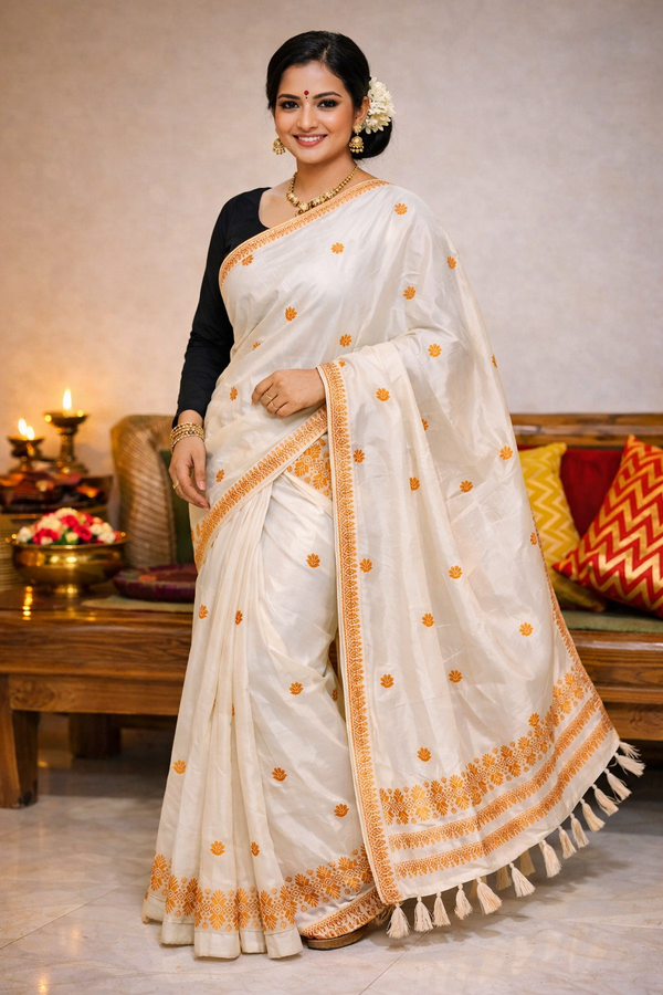 MixPat Heavy Golden Embroidery Traditional Mekhela Chador set (White)