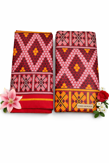 Wash Cotton | Mekhela Chador Set | Missing Design | Pure Red
