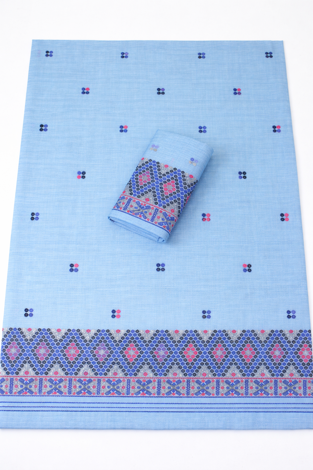 Missing Mekhela Chador Set, Masline Cotton Fabric, Fixed Pari | Elegant Handwoven Design | Blue