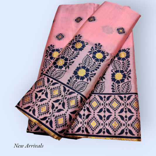 Women's Designer Cotton Mekhela Chador Embroidery With Fixed Pari  in Baby Pink