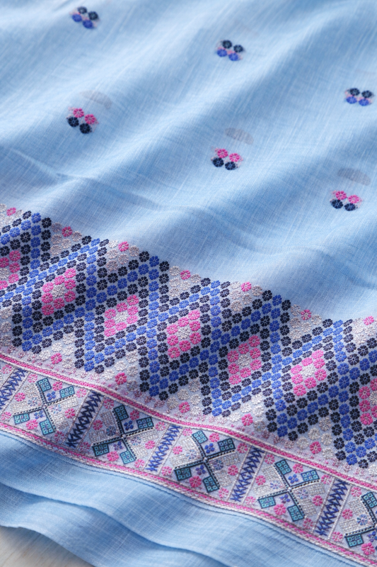 Missing Mekhela Chador Set, Masline Cotton Fabric, Fixed Pari | Elegant Handwoven Design | Blue