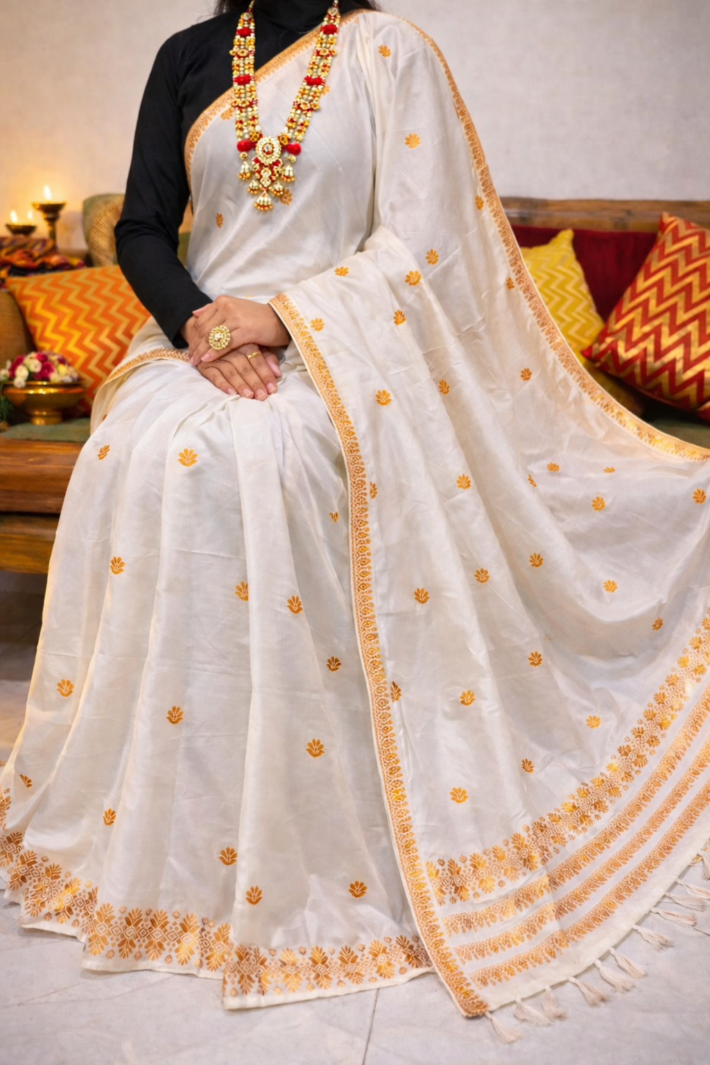 Mekhela Chador Zari Gold Embroidery Mix Pat Assam Traditional Attair