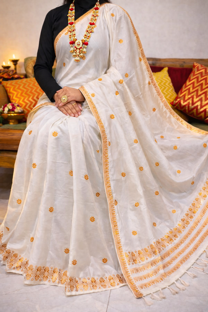 Mekhela Chador Zari Gold Embroidery Mix Pat Assam Traditional Attair
