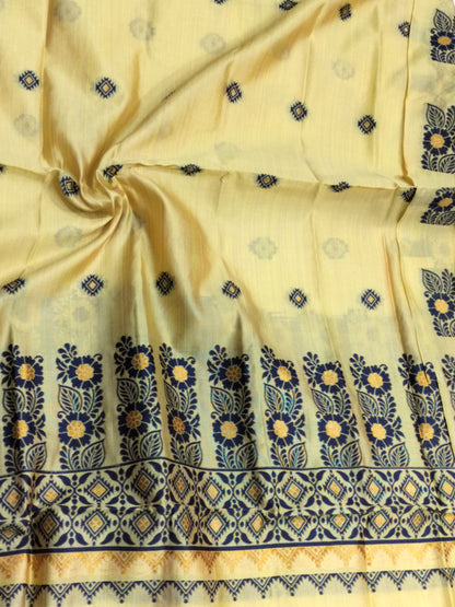 Women's Designer Cotton Mekhela Chador Embroidery With Fixed Pari  in Yellow-Green