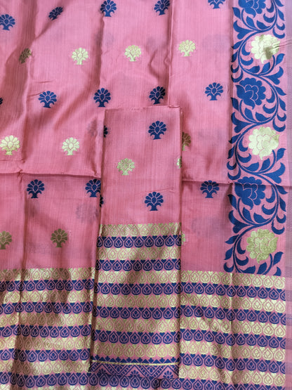 Assamese Premium Quality Traditional Mekhela Chador with Fixed Border & Unique Embroidery Design in D-Pink Color