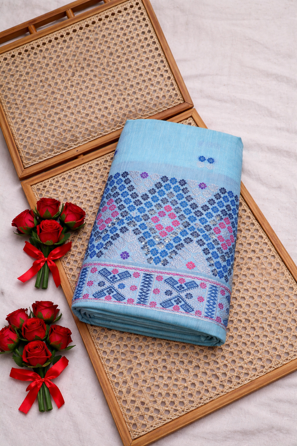 Missing Mekhela Chador Set, Masline Cotton Fabric, Fixed Pari | Elegant Handwoven Design | Blue