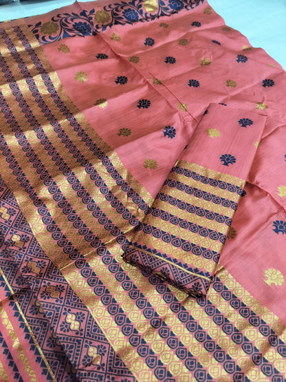 Assamese Premium Quality Traditional Mekhela Chador with Fixed Border & Unique Embroidery Design in D-Pink Color