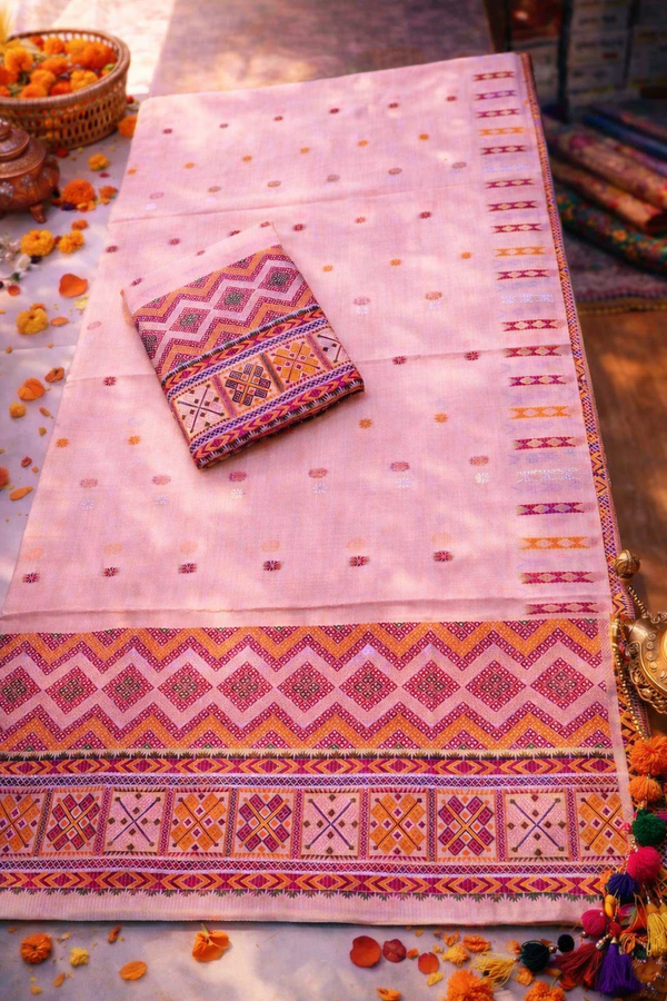Missing Mekhela Chador Set, Masline Cotton Fabric, Fixed Pari | Elegant Handwoven Design | Baby Pink