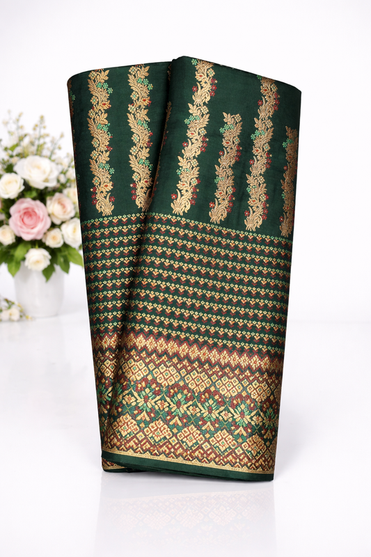 MixPat Fancy Mekhela Chador set Fixed Pari With Blouse Piece Dark Green