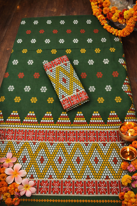Missing Mekhela Chador Set,Fixed Pari | Elegant Handwoven Design | Mehandi Green