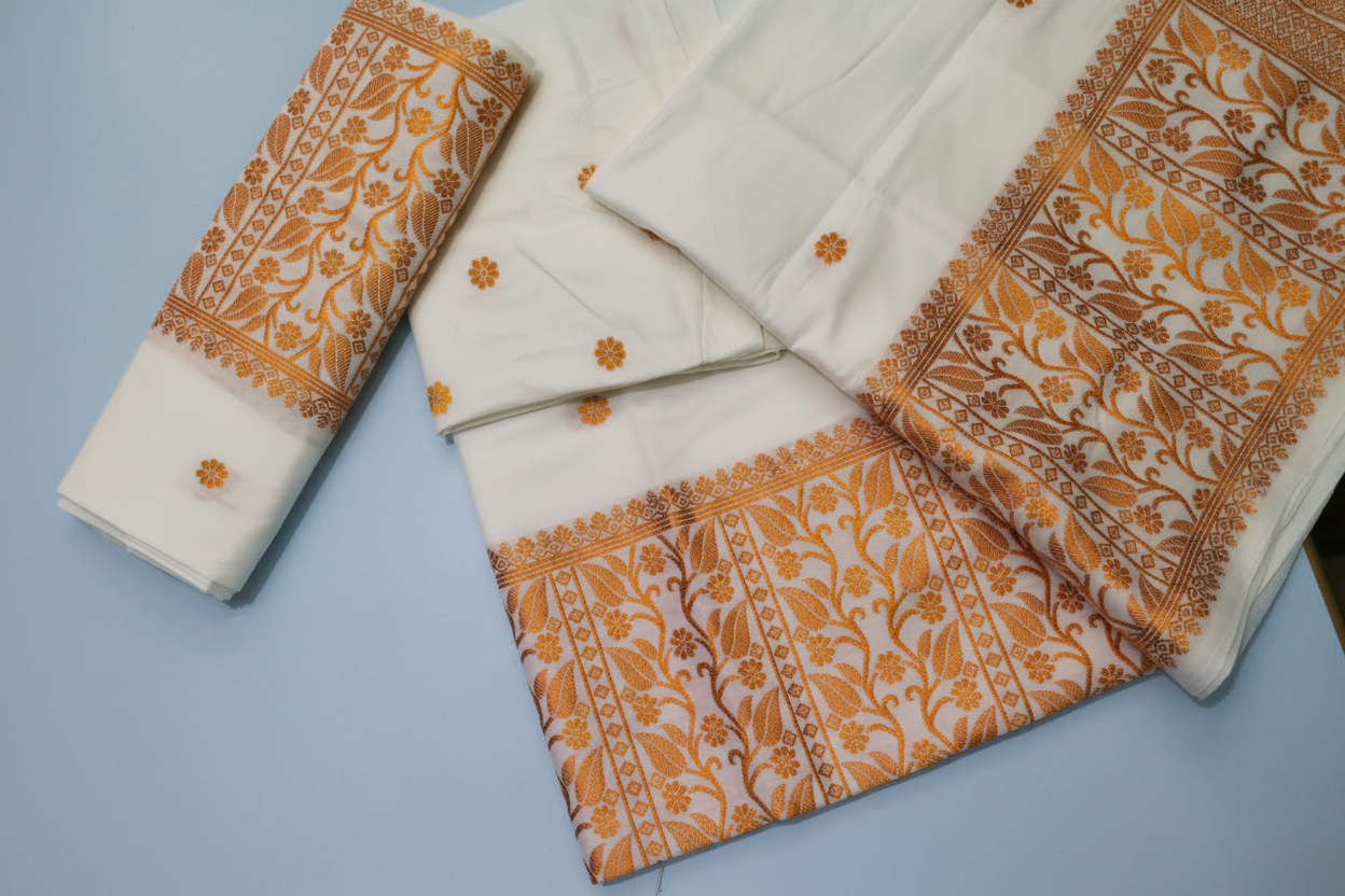 Mekhela Chador Zari Gold Embroidery Assam Traditional Attair