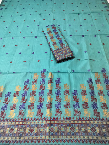 Premium Quality Assamese Traditional Mekhela Chador with Fixed Border & Unique Embroidery Design in Turquoise color
