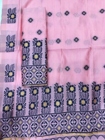 Women's Designer Cotton Mekhela Chador Embroidery With Fixed Pari  in Baby Pink