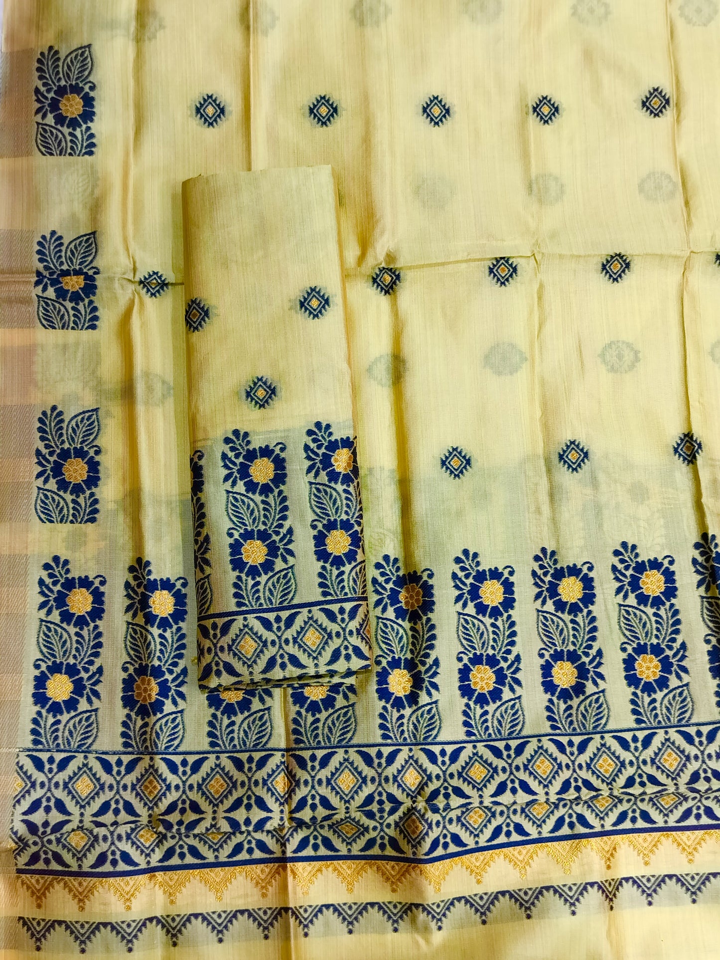 Women's Designer Cotton Mekhela Chador Embroidery With Fixed Pari  in Yellow-Green