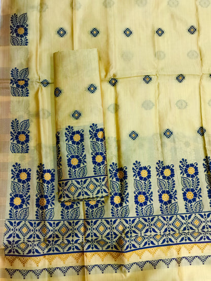 Women's Designer Cotton Mekhela Chador Embroidery With Fixed Pari  in Yellow-Green