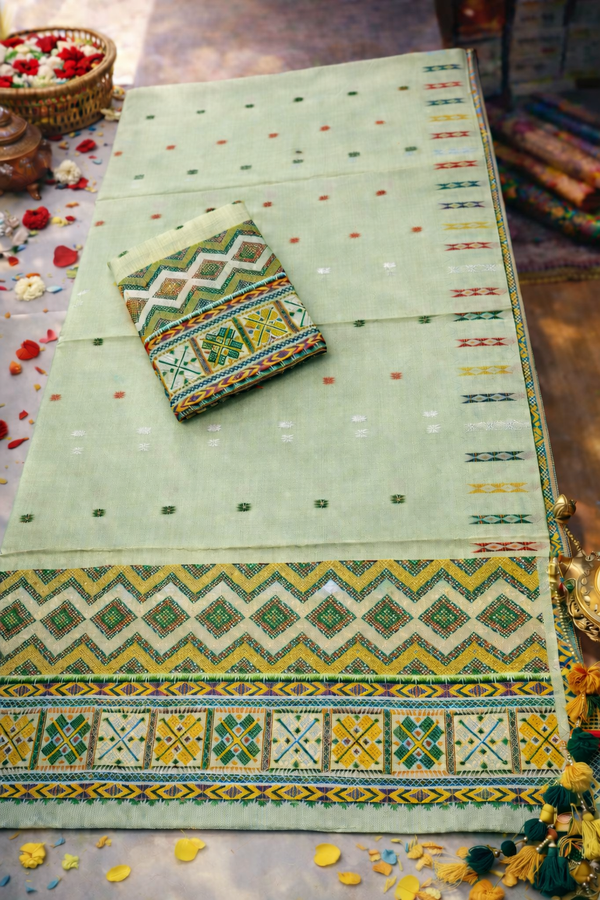 Missing Mekhela Chador Set, Masline Cotton Fabric, Fixed Pari | Elegant Handwoven Design | Green