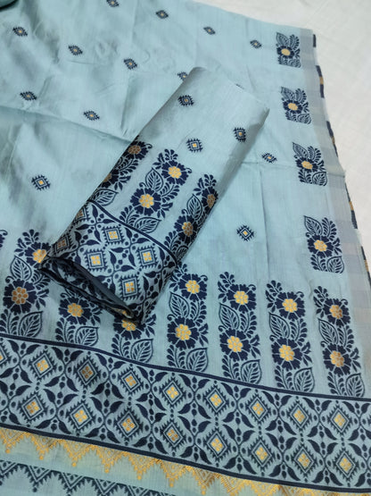 Women's Designer Cotton Mekhela Chador Embroidery With Fixed Pari  in Grey