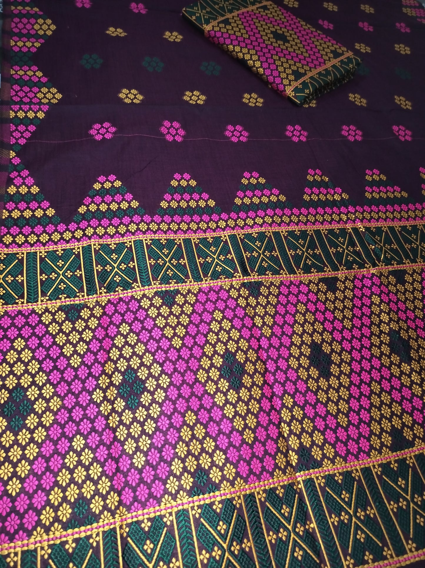Missing Mekhela Chador Set,Fixed Pari | Elegant Handwoven Design | Dark Violet