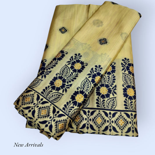 Women's Designer Cotton Mekhela Chador Embroidery With Fixed Pari  in Yellow-Green